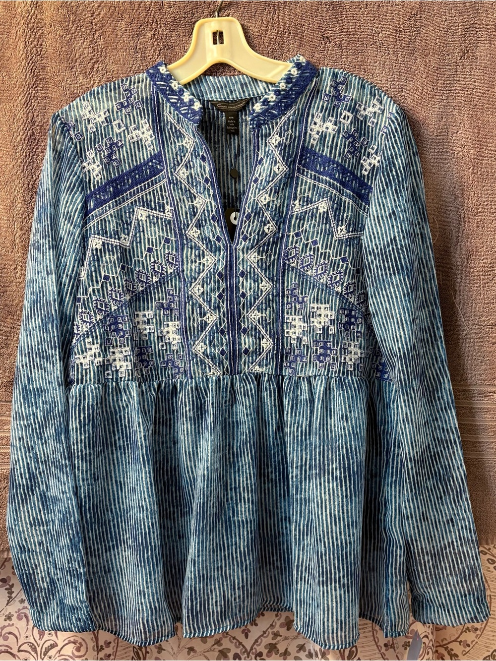 NWT Coupe Collection Blue Striped Embroidered Boho Blouse size Medium